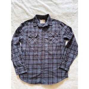 Weatherproof Vintage Mens Large Brown Blue Plaid Flannel Button Down Shirt L